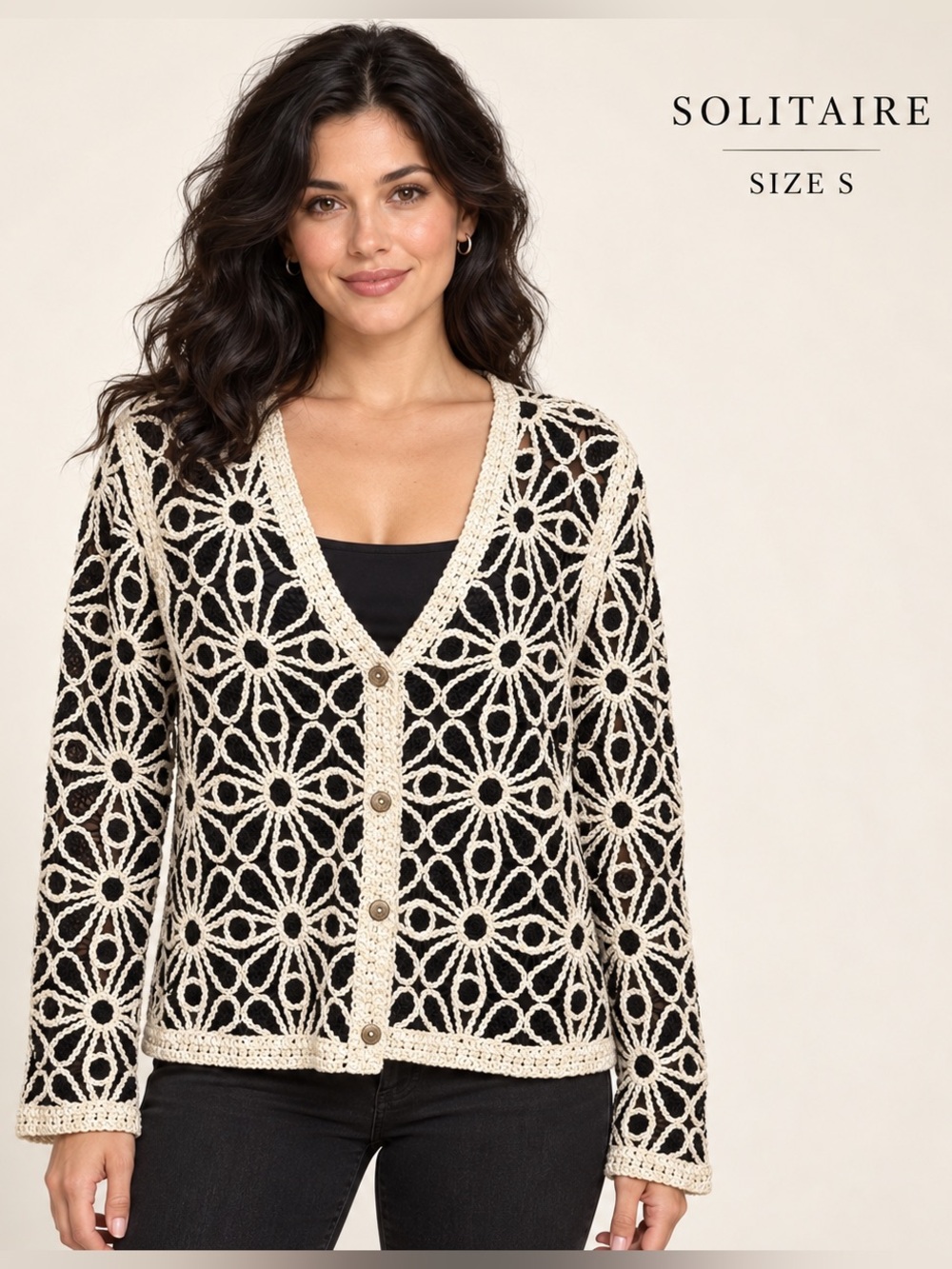 NWT Solitaire Black & Cream Floral Crochet Lace Cardigan Size S boho Cottagecore